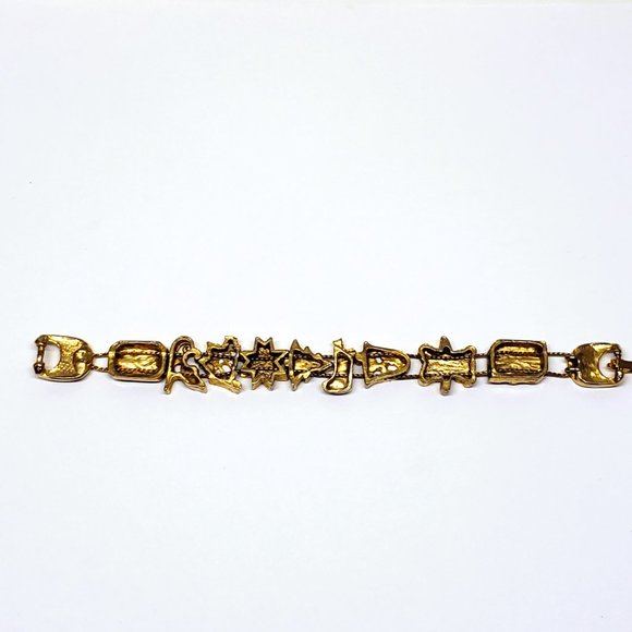 Vintage Christmas Charm Bracelet Enamel Two Chain Gold Tone Bear Poinsettia 7" - Picture 5 of 6